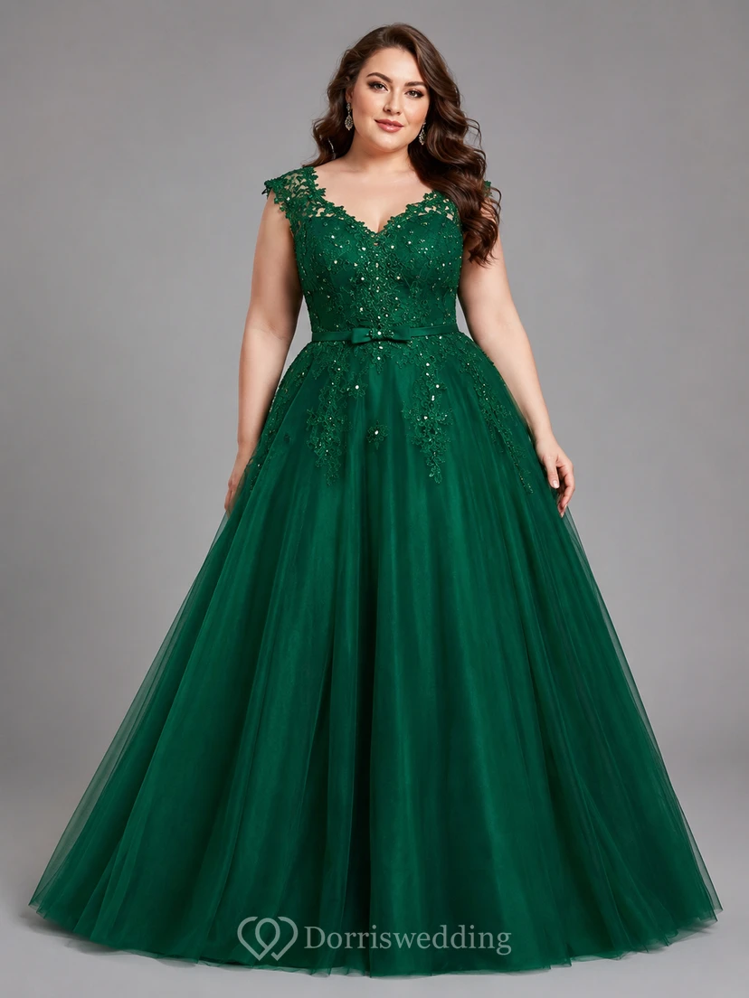 Ball Gown Floor-Length V-Neck Bell Cap Beading Flower Corset Back Tulle Lace Sequins Dress view 4
