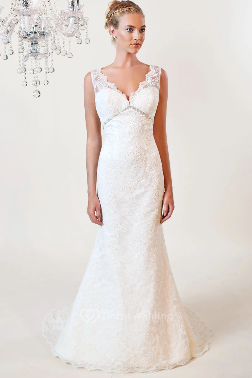 Trumpet V-Neck Appliqued Floor-Length Sleeveless Lace Wedding Dress With Deep-V Back And Waist Jewellery