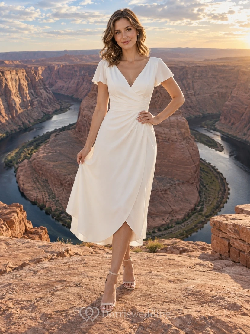 Vestido de novia sencillo de largo midi, escote en V, manga corta, estilo tubo, de crepé elástico drapeado