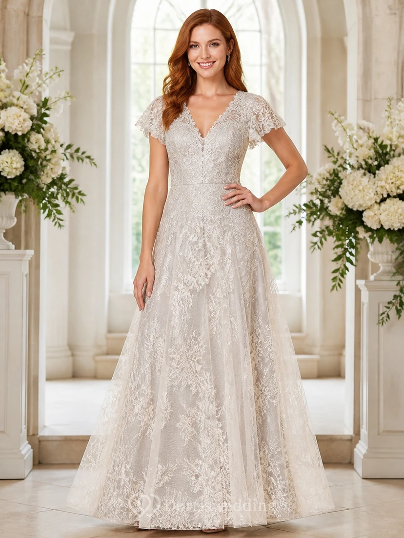 Vestido de madre modesto, de corte A, escote en V, encaje y largo hasta el suelo, color plata.