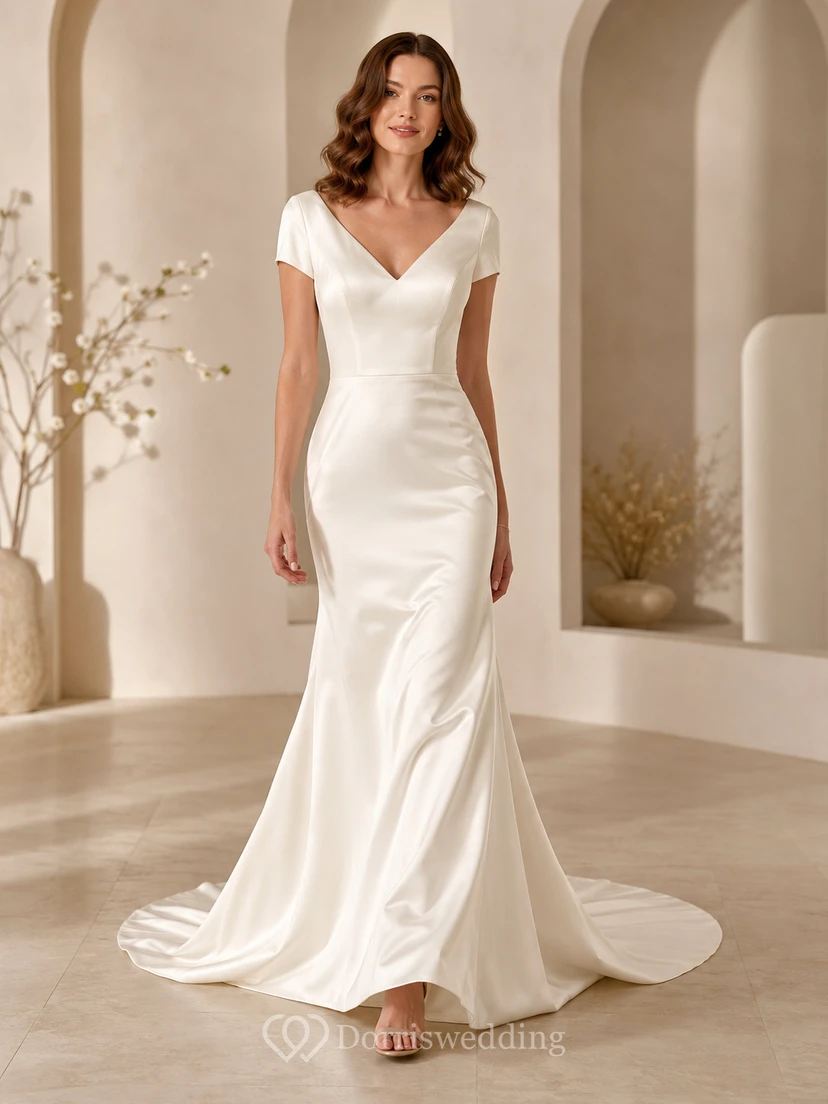 Simple Satin Wedding Mermaid V Neck Short Sleeves Button Sweep Train