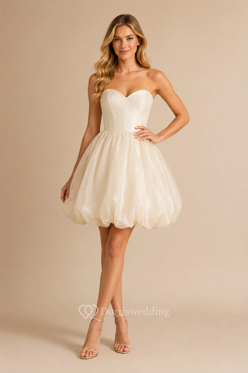 Cocktailkleid, elfenbeinfarbenes Tüllkleid, A-Linie, trägerlos, Minikleid für besondere Anlässe