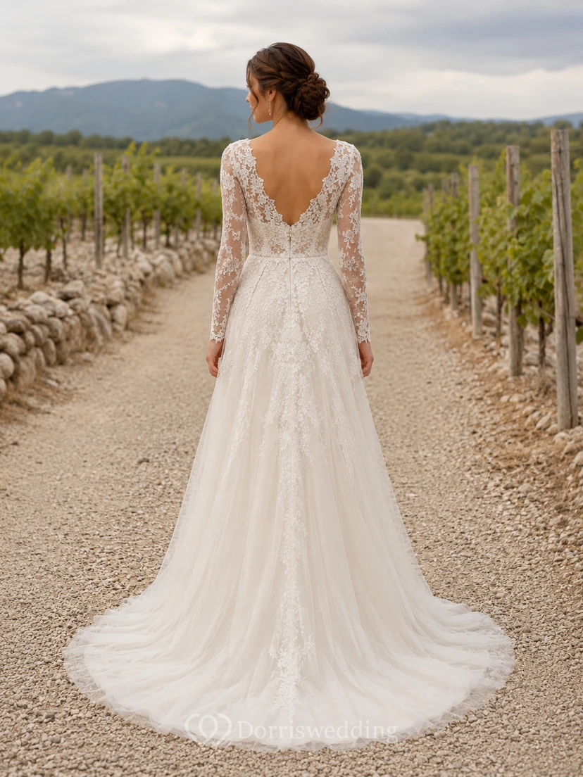 Rustic V Neck Long Illusion Lace Sleeve A Line Chapel Wedding Gown view 2