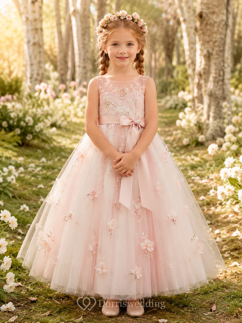 Pink Romantic A-Line Tulle Flower Girl Dress Sleeveless Scoop Neck Floor-Length Floral Applique