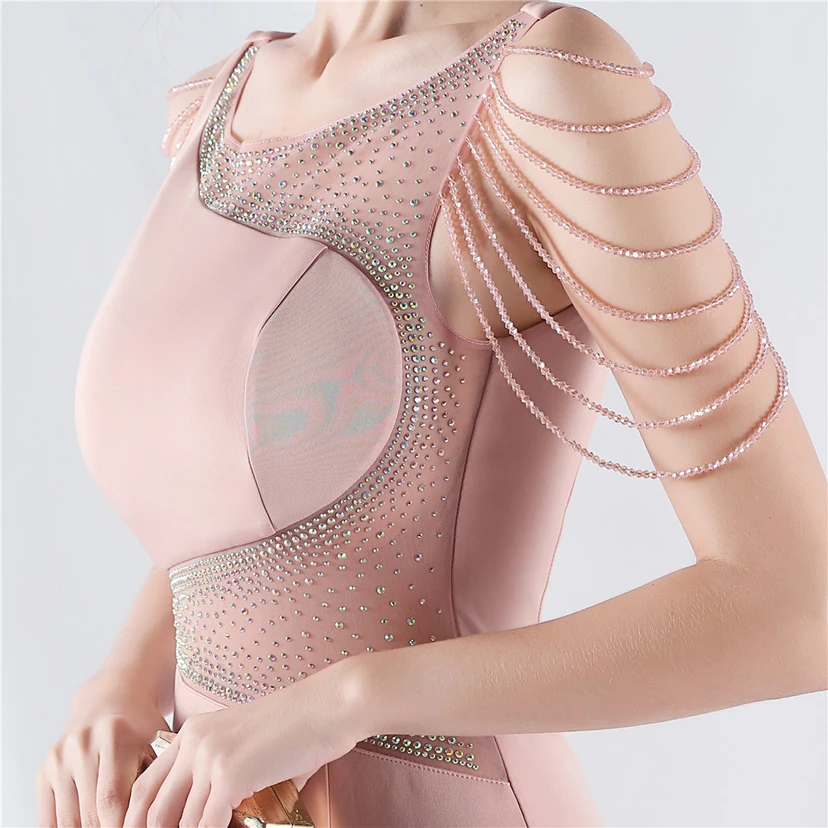 Heavy Hot Diamonds For Transparent Mesh High-Slit Satin Evening Dress Annual Meeting Wedding view 59