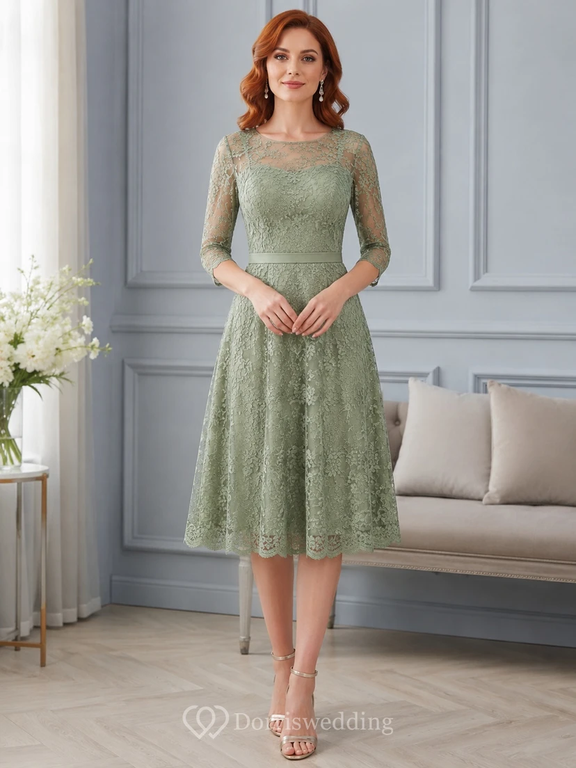 Robe cocktail mi-longue en dentelle, manches trois-quarts, couleur sauge, style modeste