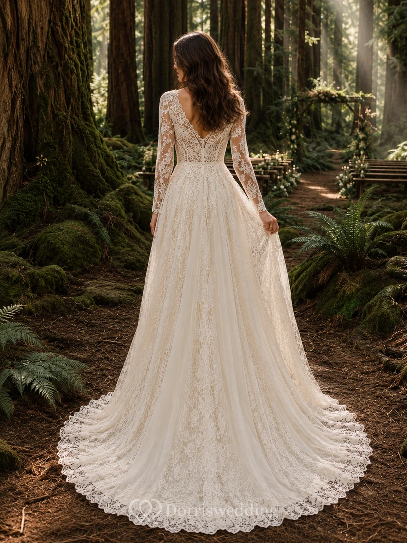 V Neck Long Sleeve Lace Woodland Bridal Gown view 2