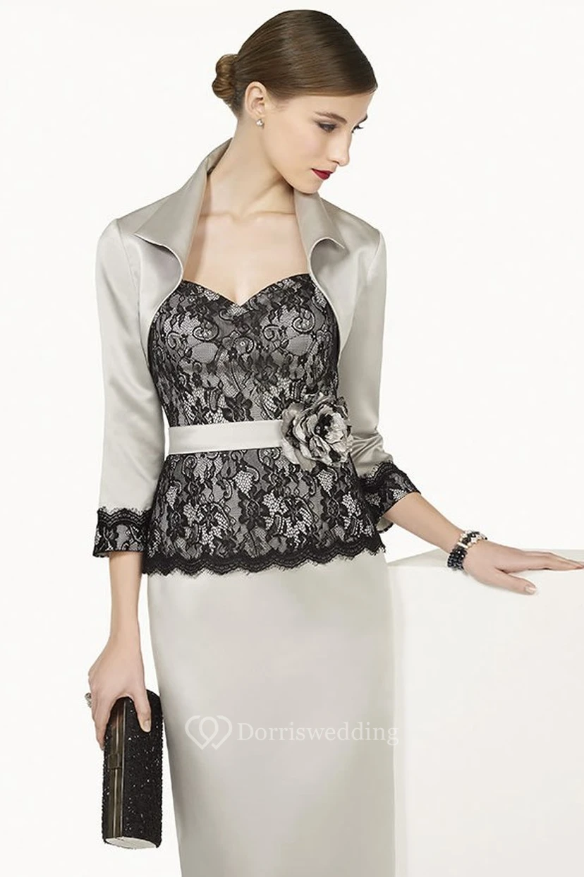 Lace Top Sheath Long Satin Prom Dress With Floral Sash And Removable Jacket view 2