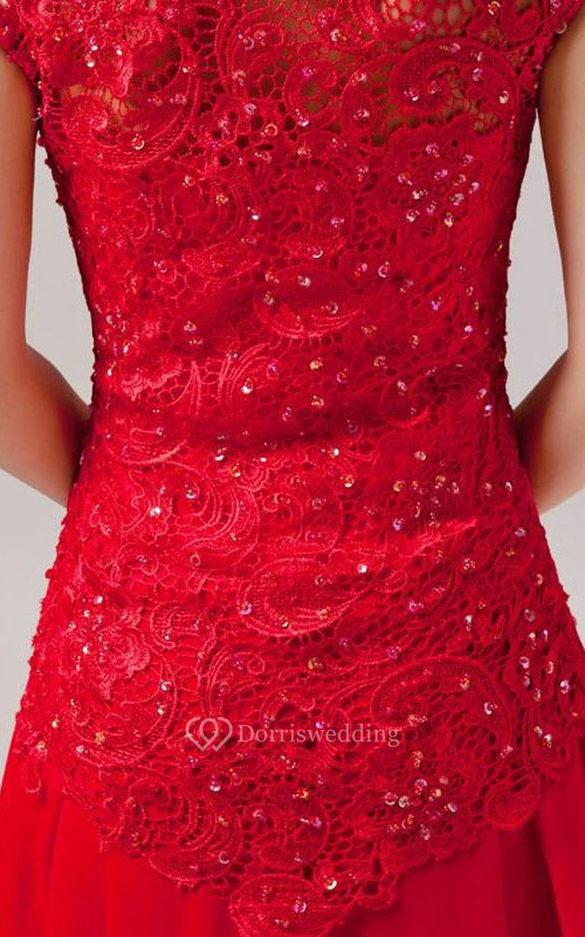 Elegant Short Sleeves A-Line Lace Floor Length Prom Dress view 5