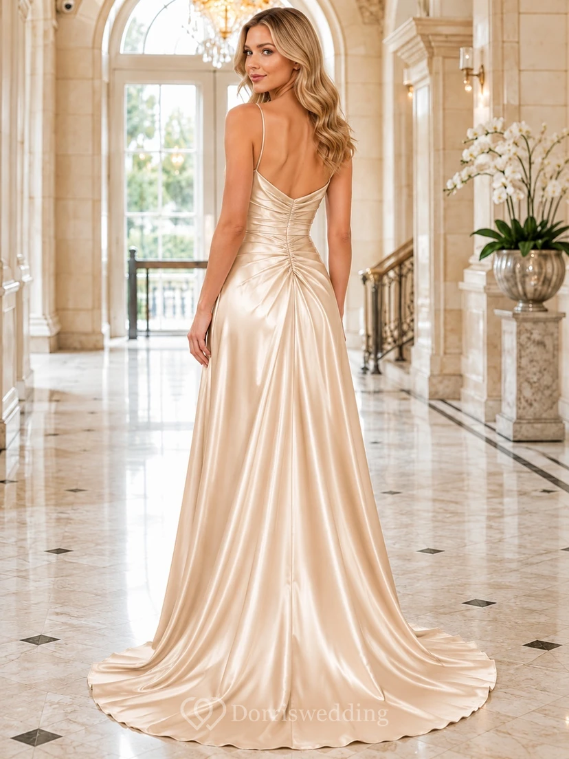 Champagne Cowl Sleeveless Satin A-Line Floor-length Draped Evening Dress view 2
