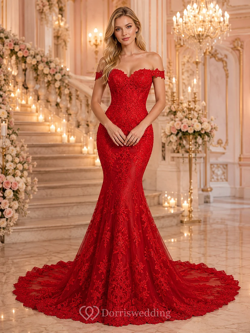 Vestido de novia de sirena de encaje rojo con escote corazón y hombros descubiertos
