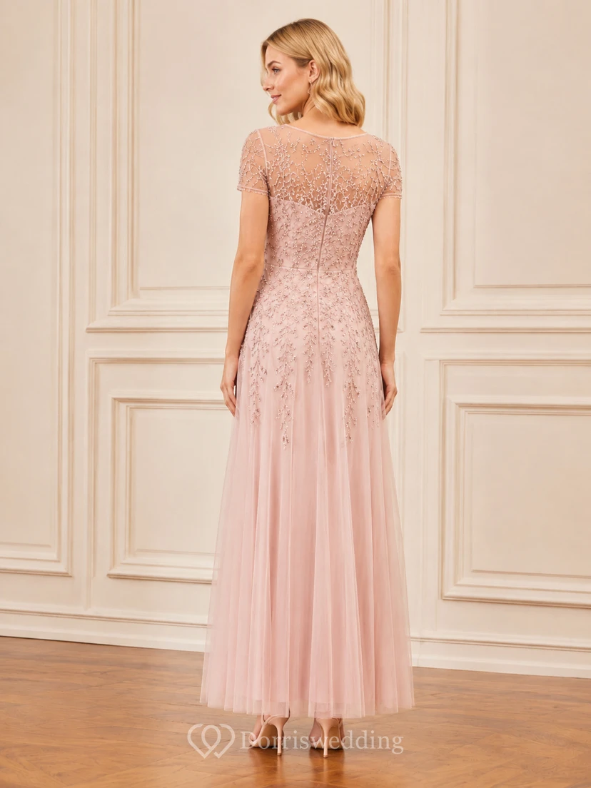Robe en tulle rose poudré à manches courtes et corsage en dentelle, longueur thé view 2
