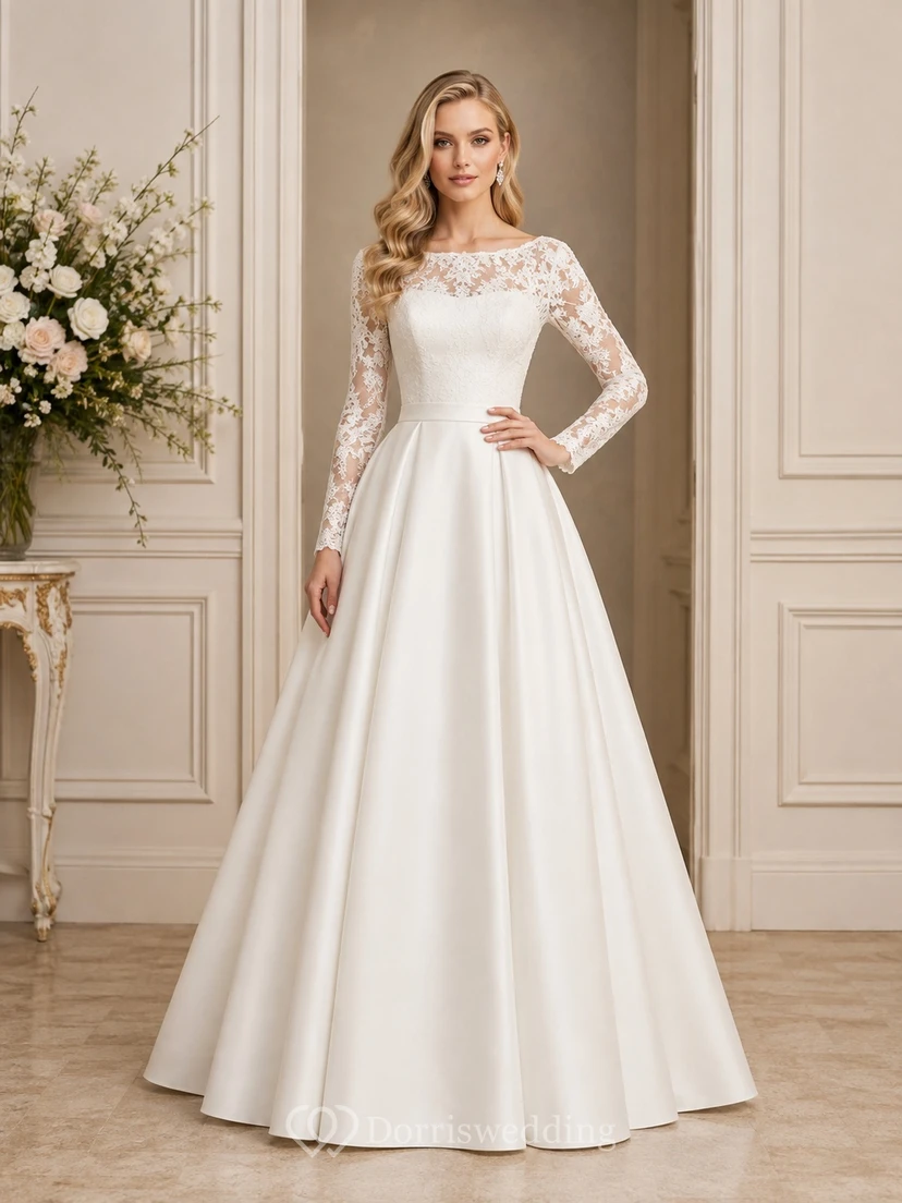 Schlichtes, bodenlanges Brautkleid aus Spitze mit Illusionseffekt und Schmucksteinen, lange Ärmel