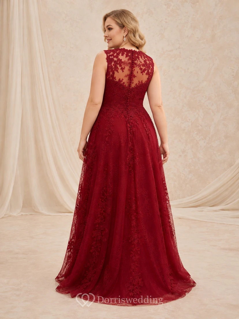 Red Plus Size High Neck Sleeveless Lace Wedding Dress view 2