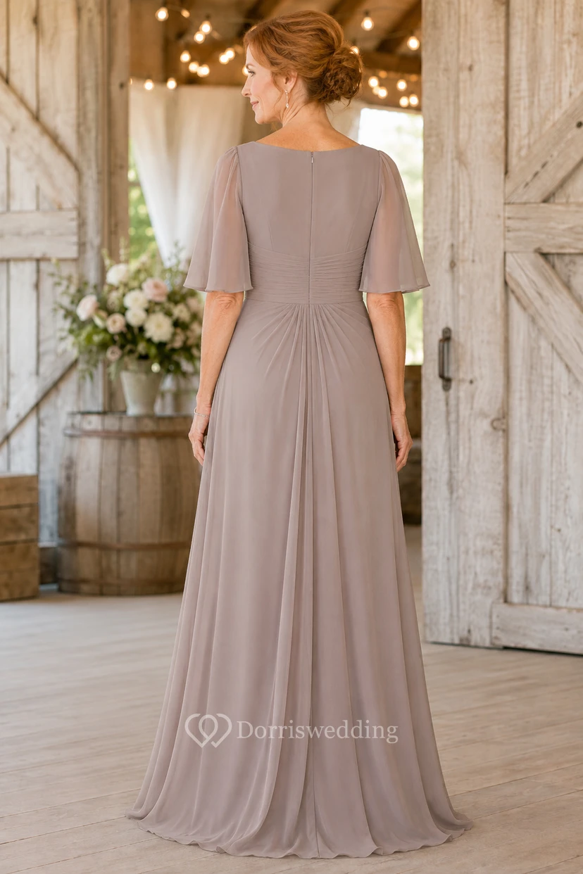 MOB-Kleid, taupefarbener Chiffon, A-Linie, flatternde Ärmel, U-Boot-Ausschnitt, bodenlang, gerafft view 2