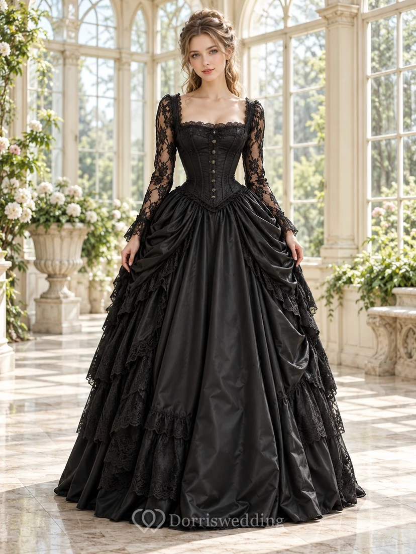 Gothic Victorian Black Square Neck Lace Sleeve Draped Formal Dress
