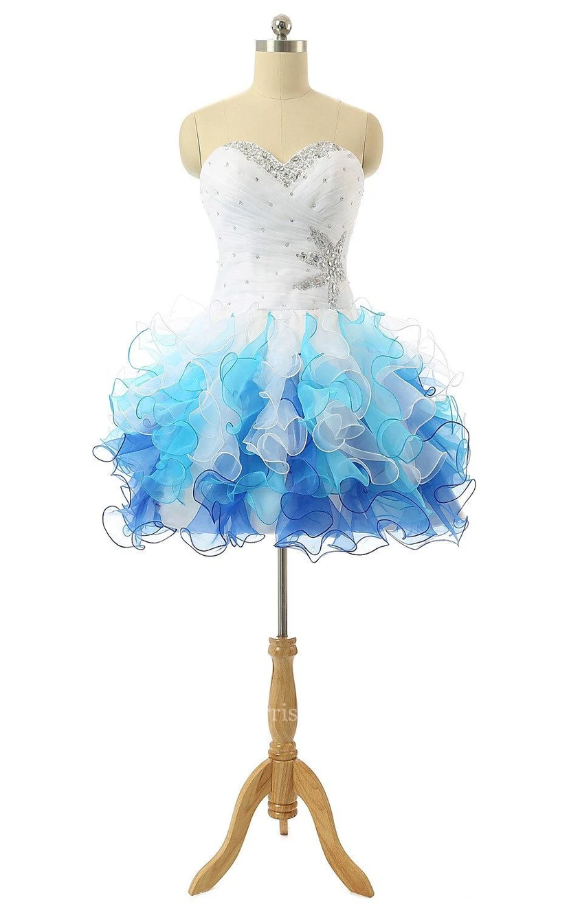 Mini-Kleid mit herzförmigem Herzausschnitt, Perlenbesatz, Rüschen und Schnürung am Rücken view 11