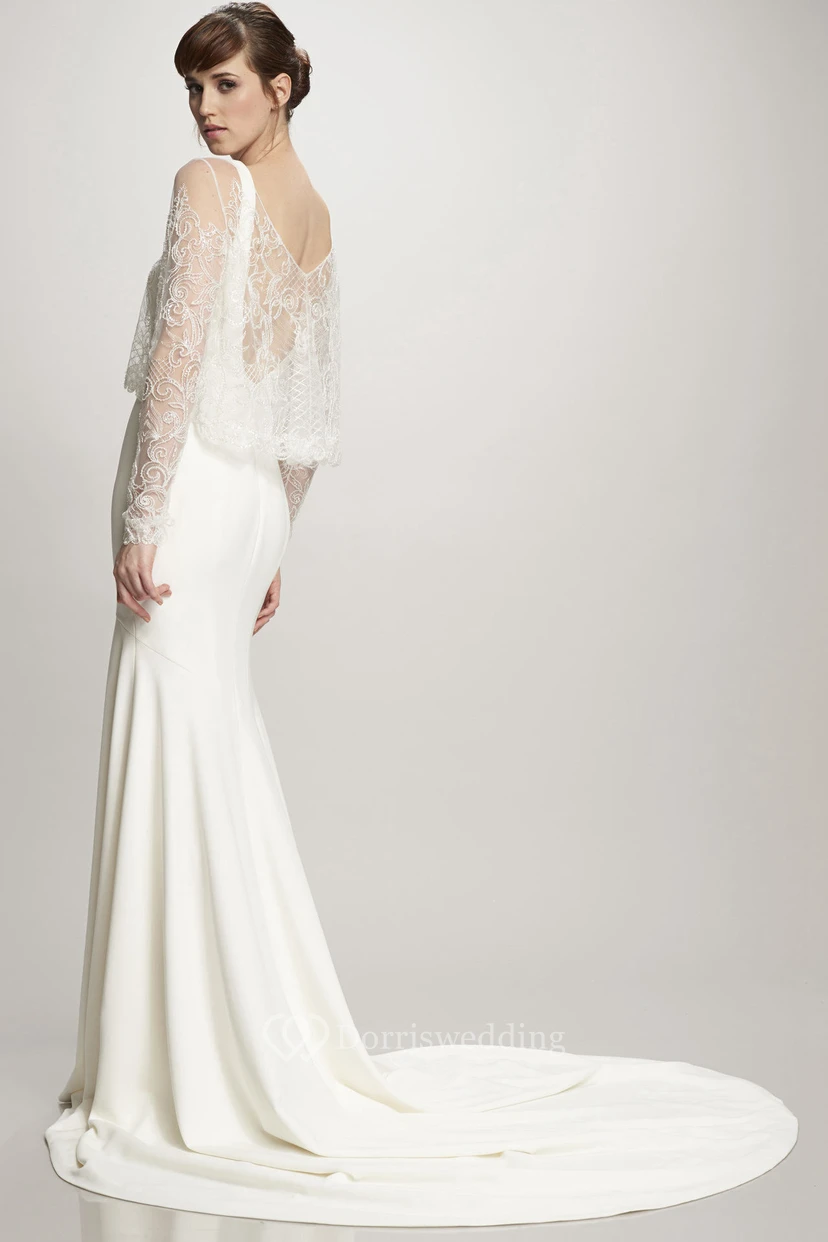 Sheath High Neck Illusion-Sleeve Jersey Wedding Dress view 3