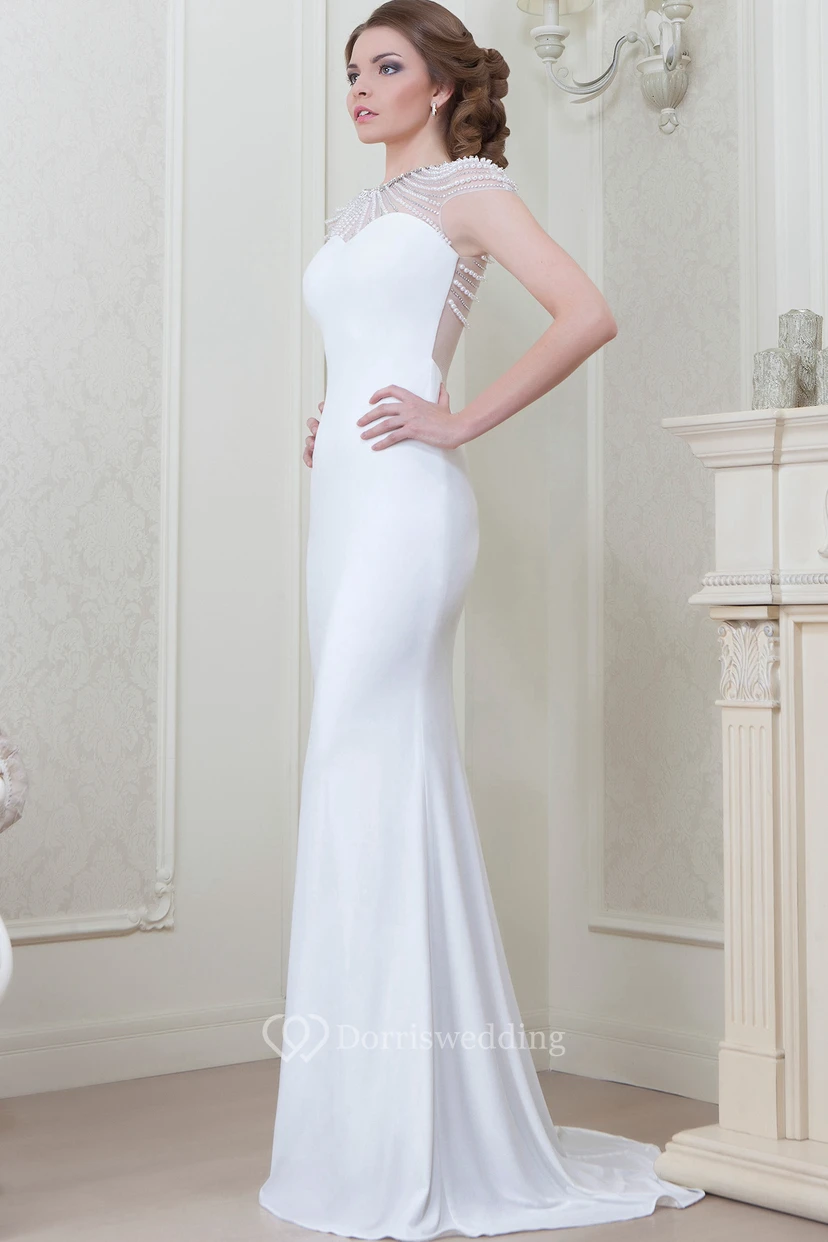 Sheath Floor-Length Scoop-Neck Cap-Sleeve Beaded Jersey Evening Dress view 3
