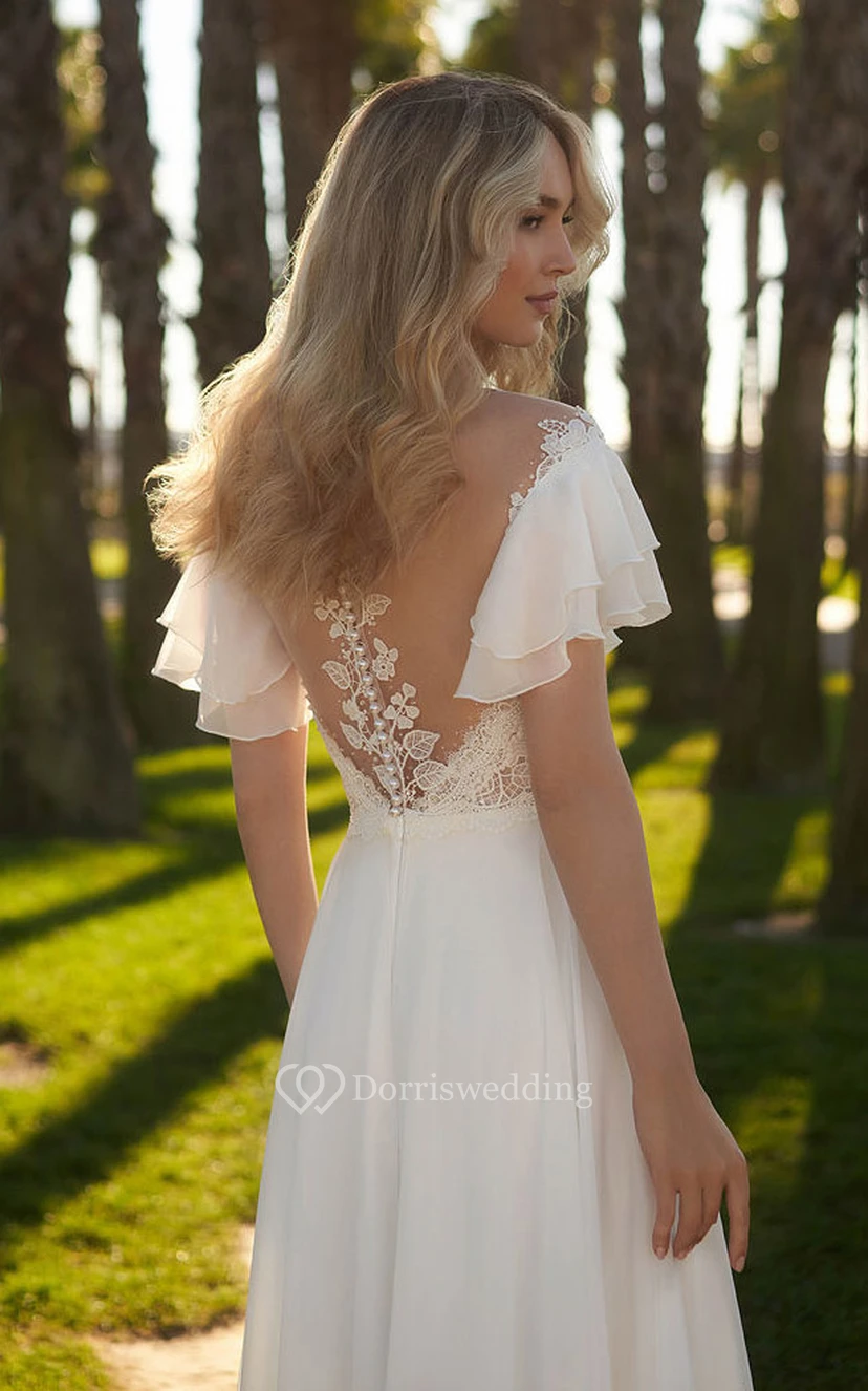 Robe de mariée en mousseline à décolleté plongeant, épaules dénudées et fente sur le devant avec dos illusion view 4