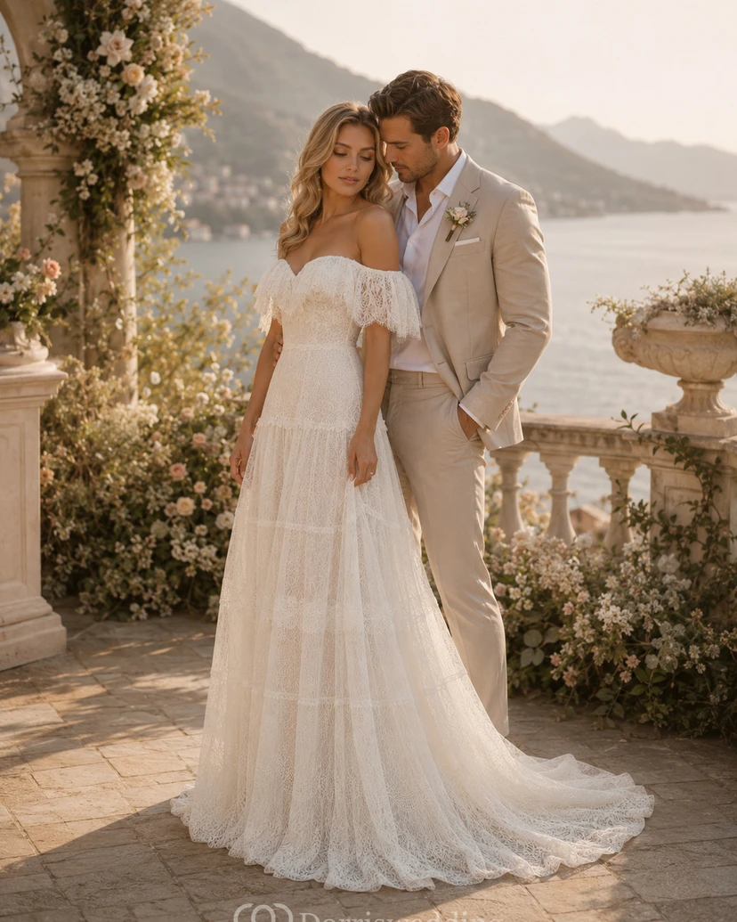 Boho Off-the-Shoulder Lace Vintage Wedding Dress with Layered Skirt view 3