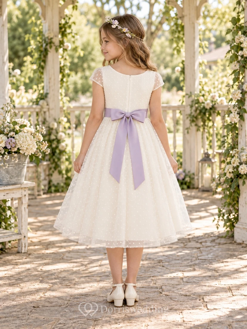 Vestido de niña de flores de corte A, de tul color marfil, manga corta y estampado de lunares, con fajín lavanda, hasta la rodilla. view 2