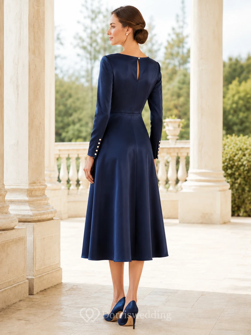 Dark Navy Bateau Long Sleeve Pearl Button Satin A Line Tea Guest Dress view 2
