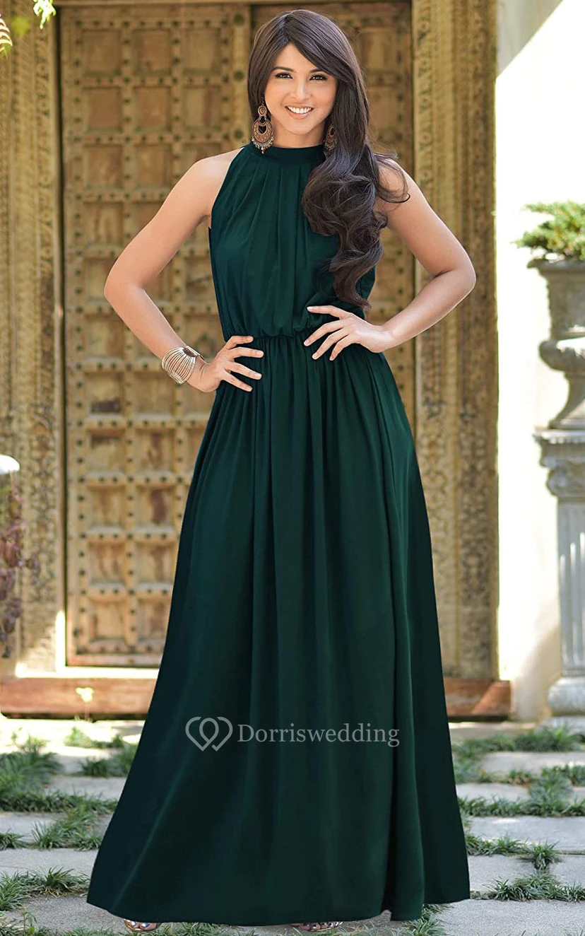 Einfaches Chiffon-Abendkleid in A-Linie mit Neckholder und Raffungen, hohem Kragen und Neckholder view 12
