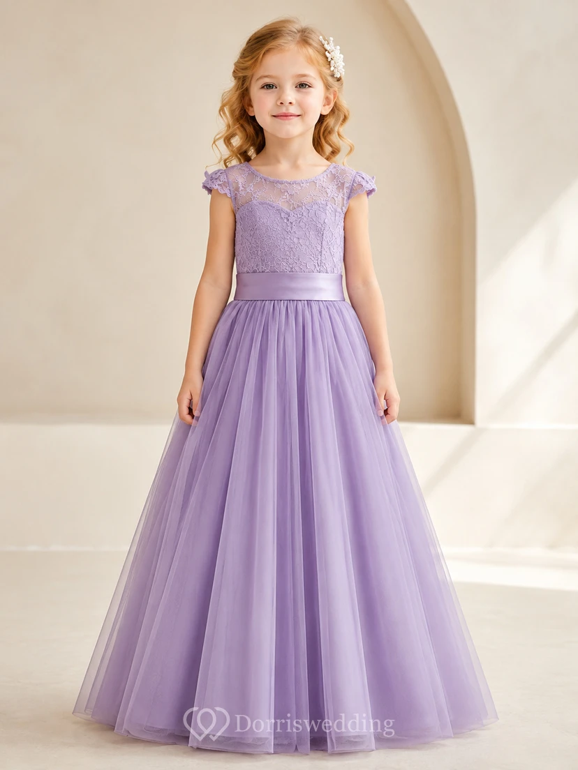 Lavender Floor Length Tulle A-Line Flower Girl Dress with Jewel Neck