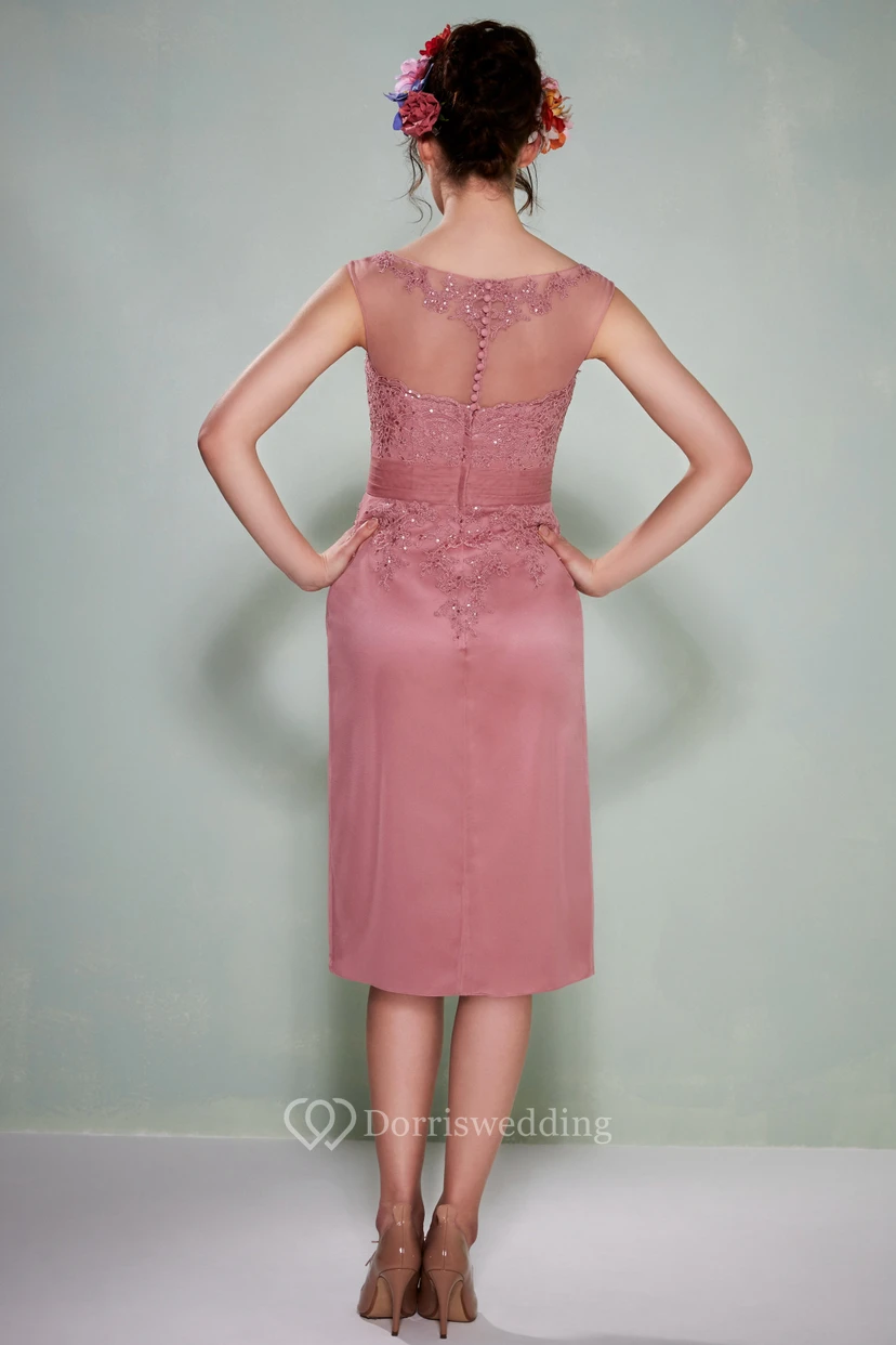 Knee-Length Sleeveless Bateau Neck Appliqued Satin Bridesmaid Dress view 2
