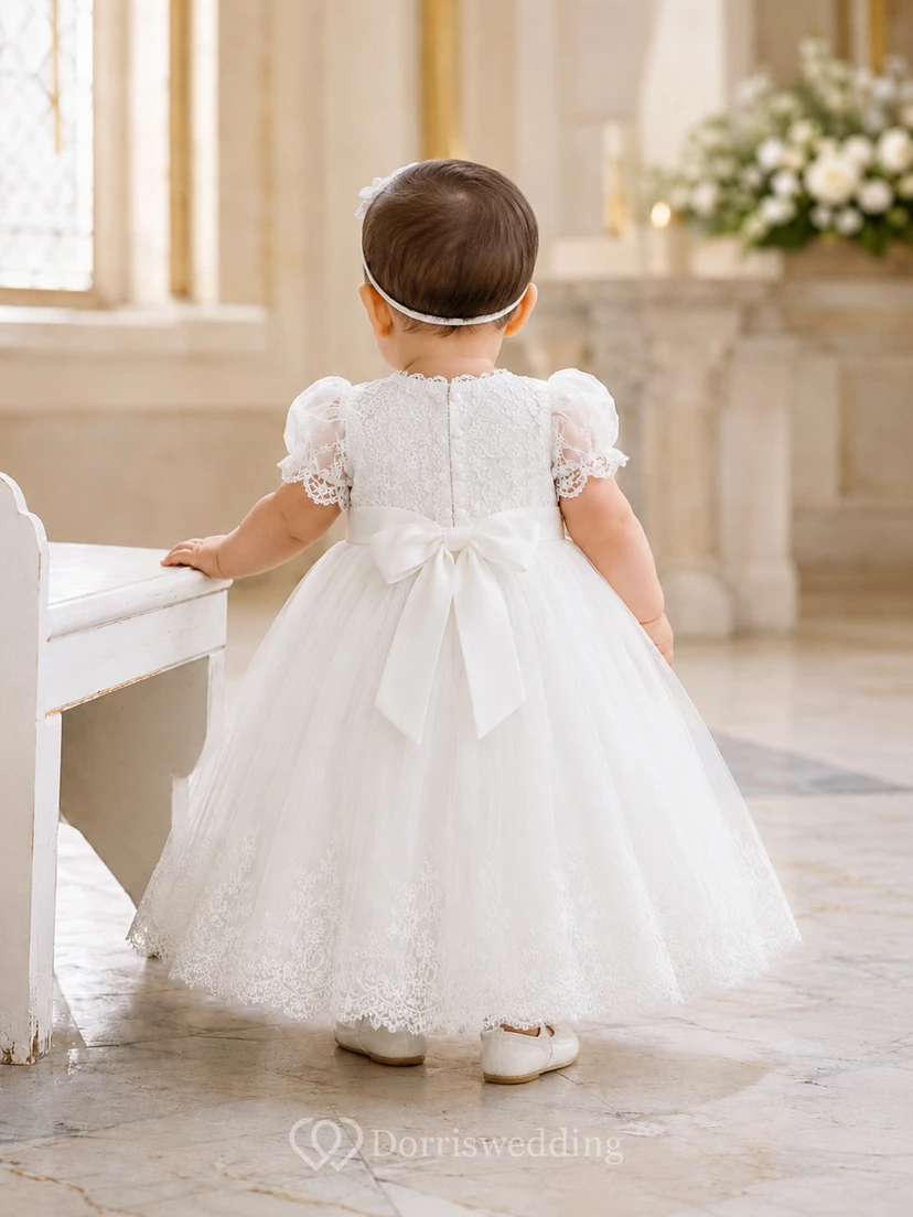 Taufkleid mit Spitzenmieder, Tüllrock, A-Linien-Schnitt, Puffärmeln und bodenlang view 2