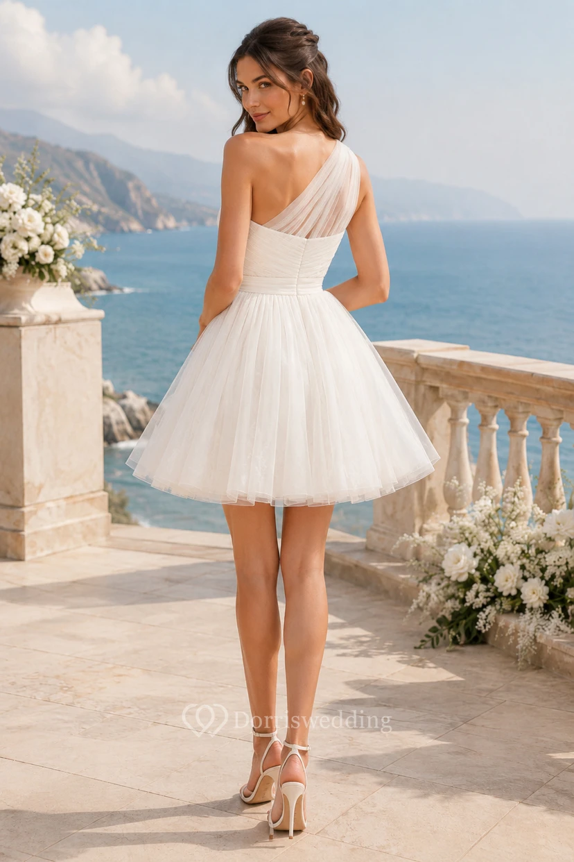 One Shoulder Tulle Mini Wedding Reception Dress view 2
