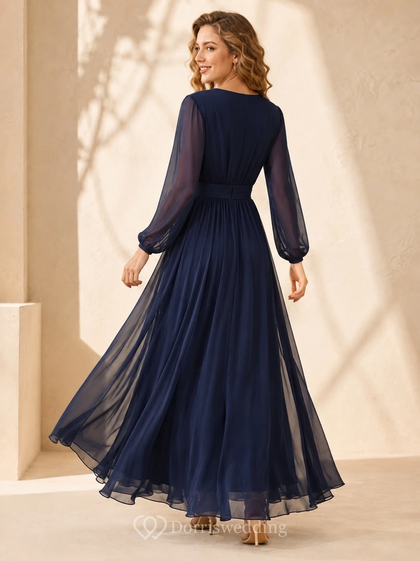 Elegant Dark Navy V-Neck Long Sleeve Chiffon A-Line Floor-Length Wrap Dress view 2