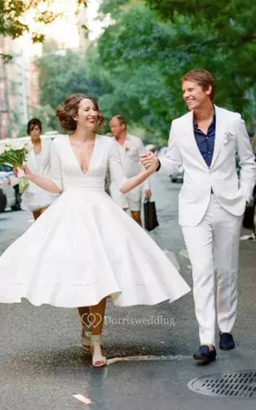 Plunged Satin Tea-length Half Sleeve Wedding Dress
