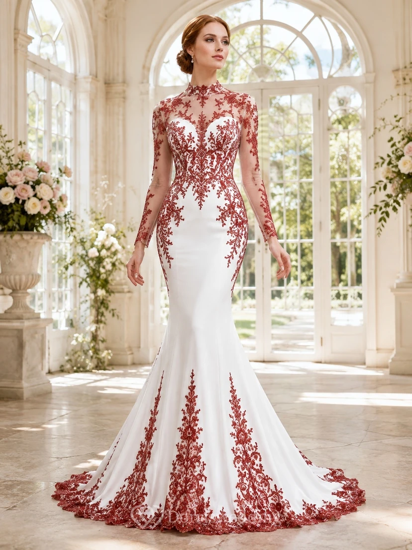 Rotes, hochgeschlossenes, langärmeliges Meerjungfrauen-Brautkleid mit Spitze und Schleppe – schlicht und elegant