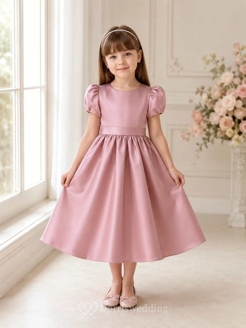 Blumenmädchenkleid aus rosafarbenem Satin, A-Linie, kurze Ärmel, Rundhalsausschnitt, Teelänge, Schleifendetail