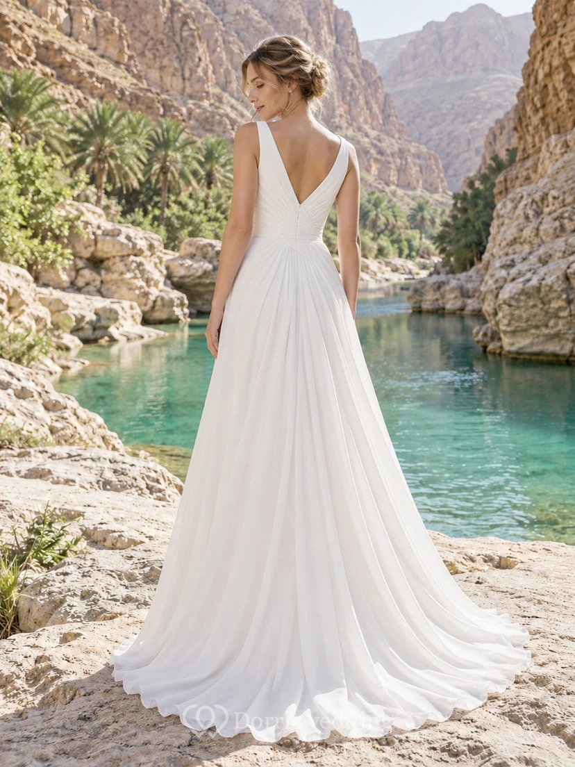 Vestido de novia sencillo de gasa fruncida sin mangas con escote en V y corte en A view 2