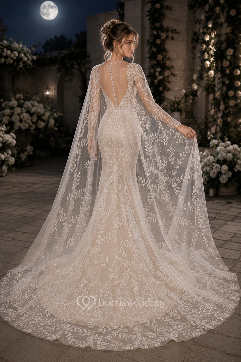 Brautkleid aus Spitze mit V-Ausschnitt, langen Ärmeln und Cape-Schleppe view 2