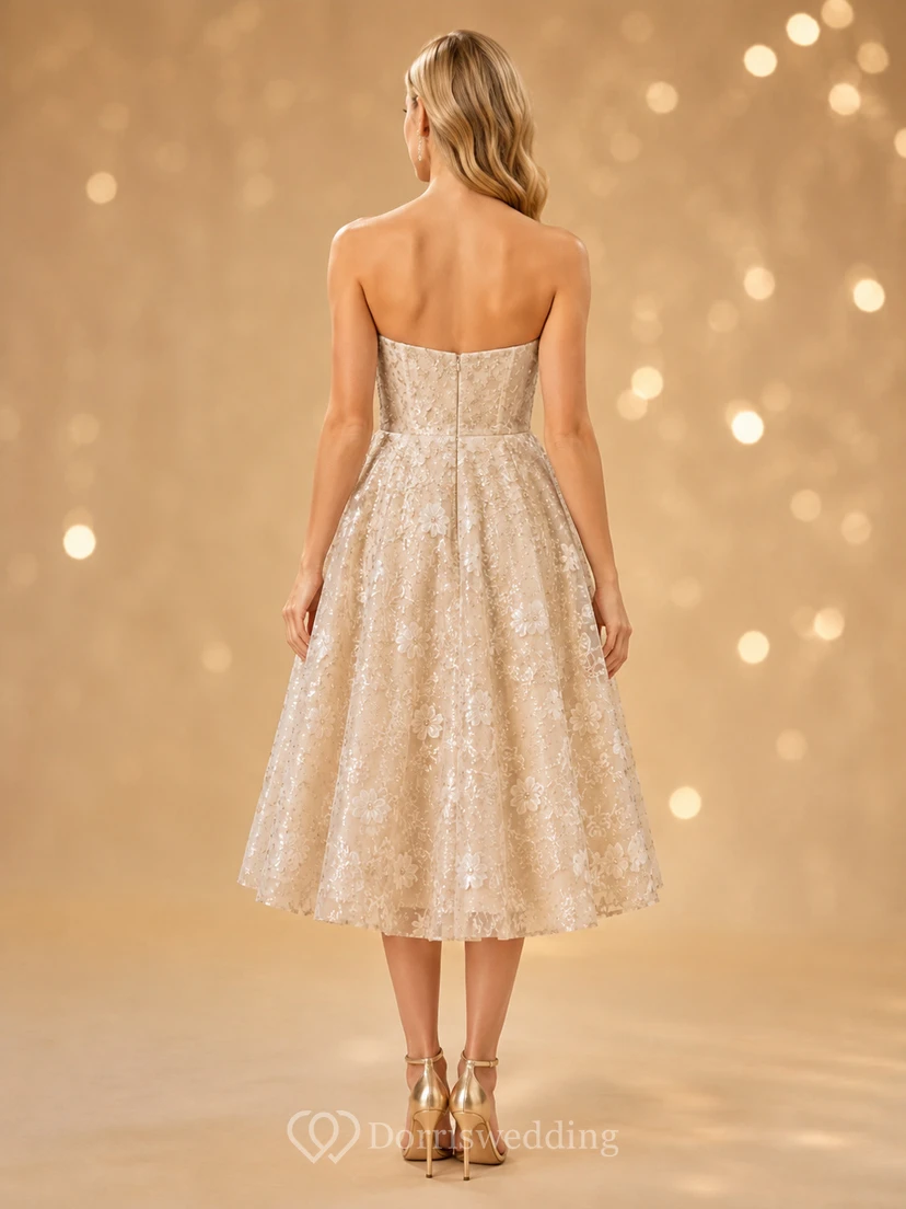 Champagne Strapless Floral Sequin Tea-Length A-Line Cocktail Dress view 2