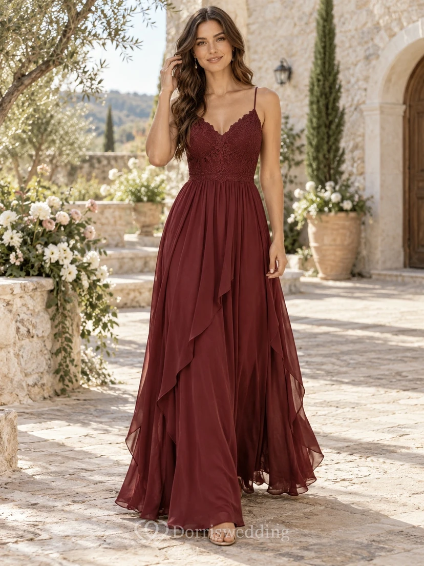 Vestido de dama de honor de gasa con volantes, escote en V y tirantes finos, estilo bohemio campestre.