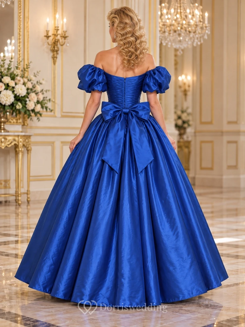 Königsblaues schulterfreies Satin-Abendkleid mit Puffärmeln aus den 1980er Jahren view 2