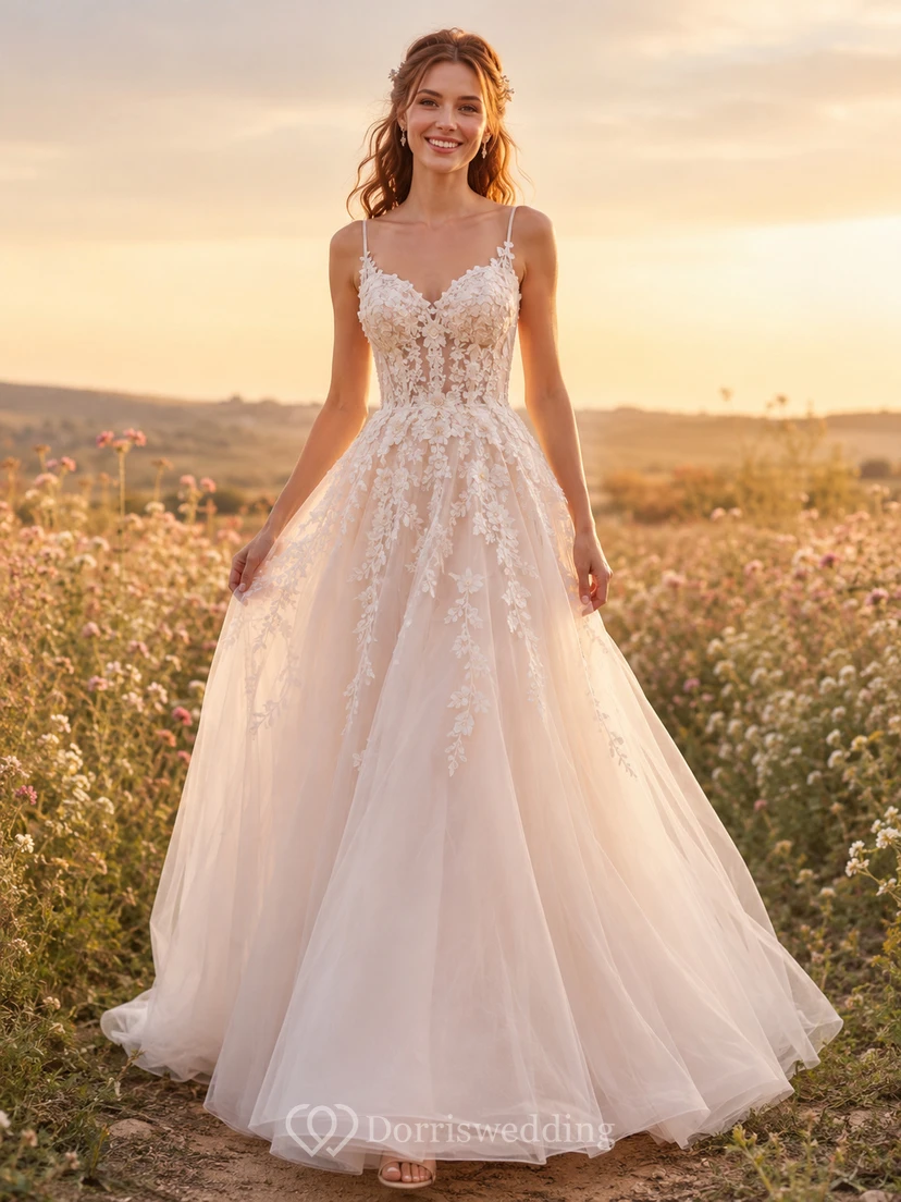 Robe de mariée en tulle et dentelle rose poudré, coupe trapèze, bretelles spaghetti, traîne, dos nu en V