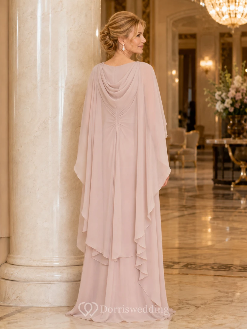 Blush Elegant Bateau Chiffon Sheath Floor-Length Mother of the Bride Gown with Layered Long Cape and Side Draping view 2