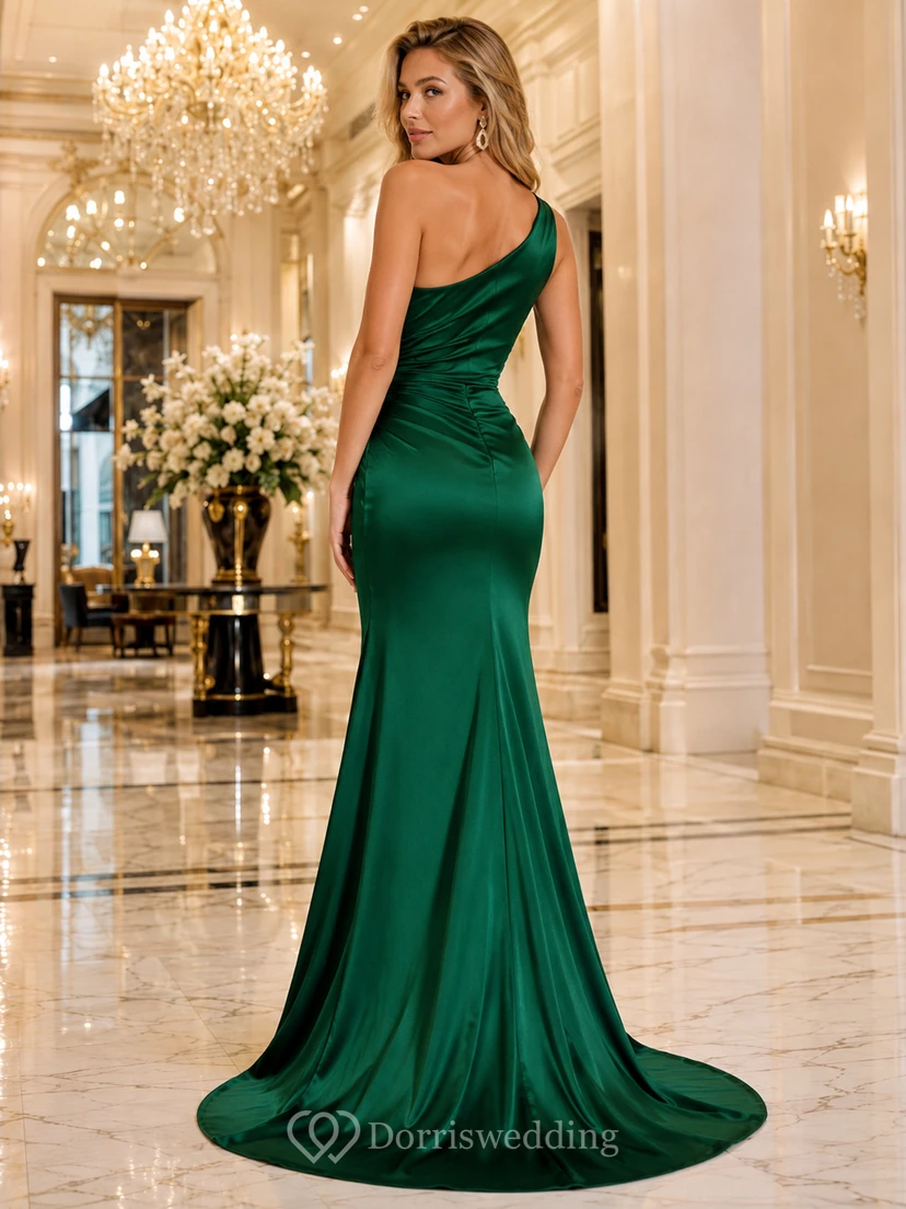 Robe de soirée sirène en satin vert foncé à une épaule view 2