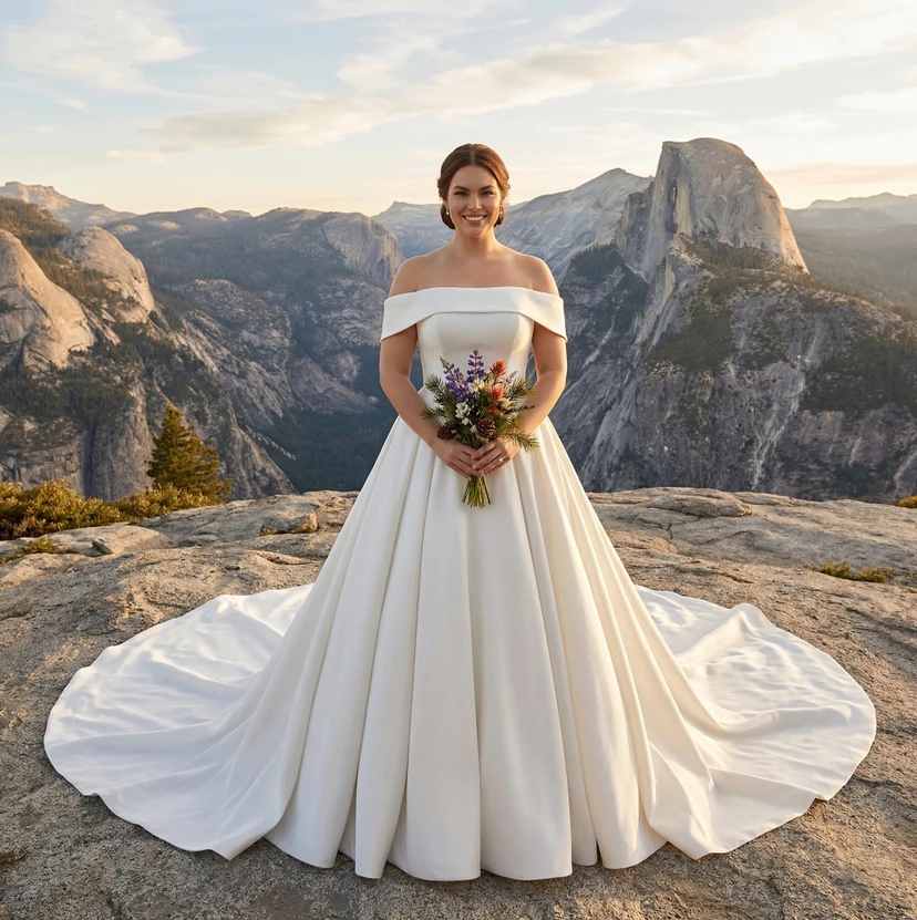 Plus Size Off Shoulder Satin Ball Gown Wedding Dress with Cathedral Train