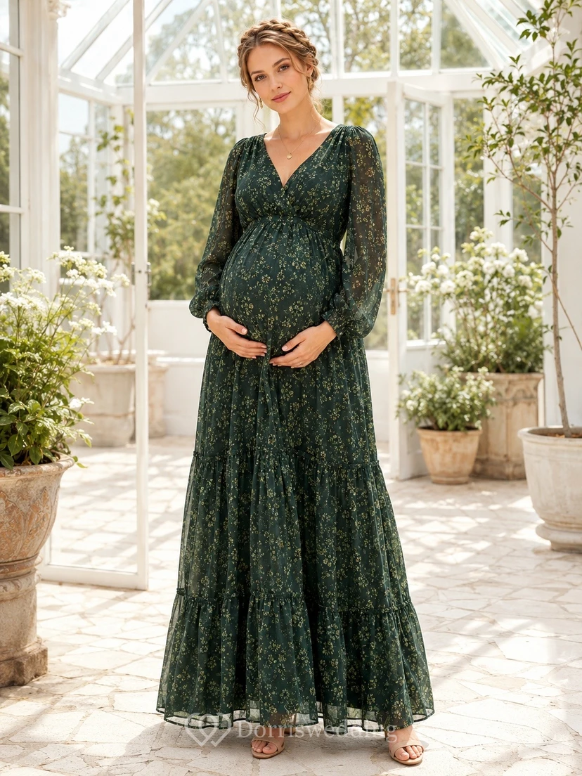Dark Green Lace V-Neck Long Sleeve Maternity Maxi Dress