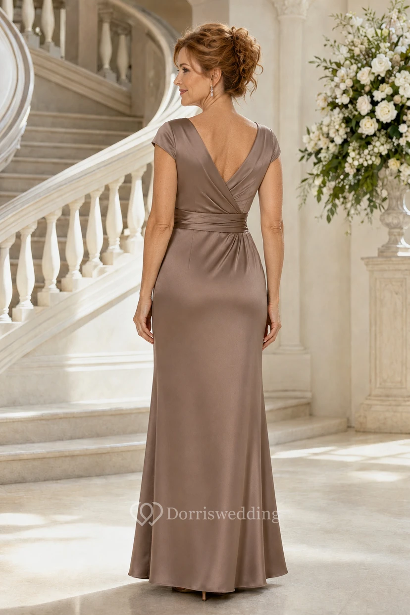 MOB Kleid Taupe Satin Etuikleid Kurzarm V-Ausschnitt Bodenlang Gerafft view 2