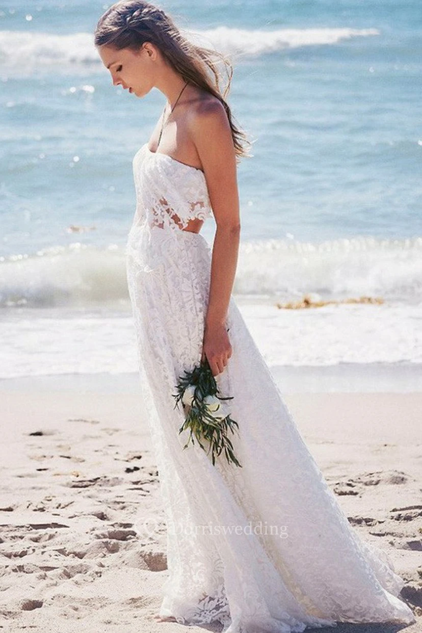 Robe de mariée bohème de plage deux pièces sans bretelles en dentelle, longueur au sol