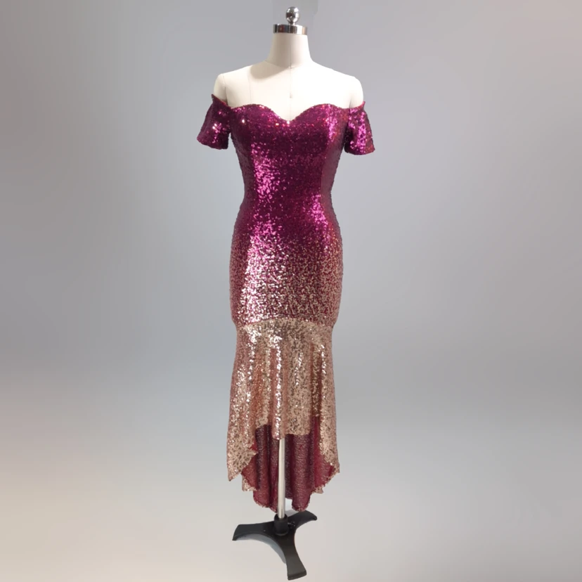 Robe asymétrique à manches courtes, style européen et américain, sequins dégradés, robe de soirée de mariage ou de banquet. view 17
