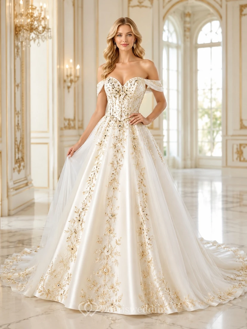 Goldene Rosetten, A-Linien-Brautkleid, schulterfrei, kurze Ärmel, bodenlang, Kathedralenschleppe, Luxuskleid